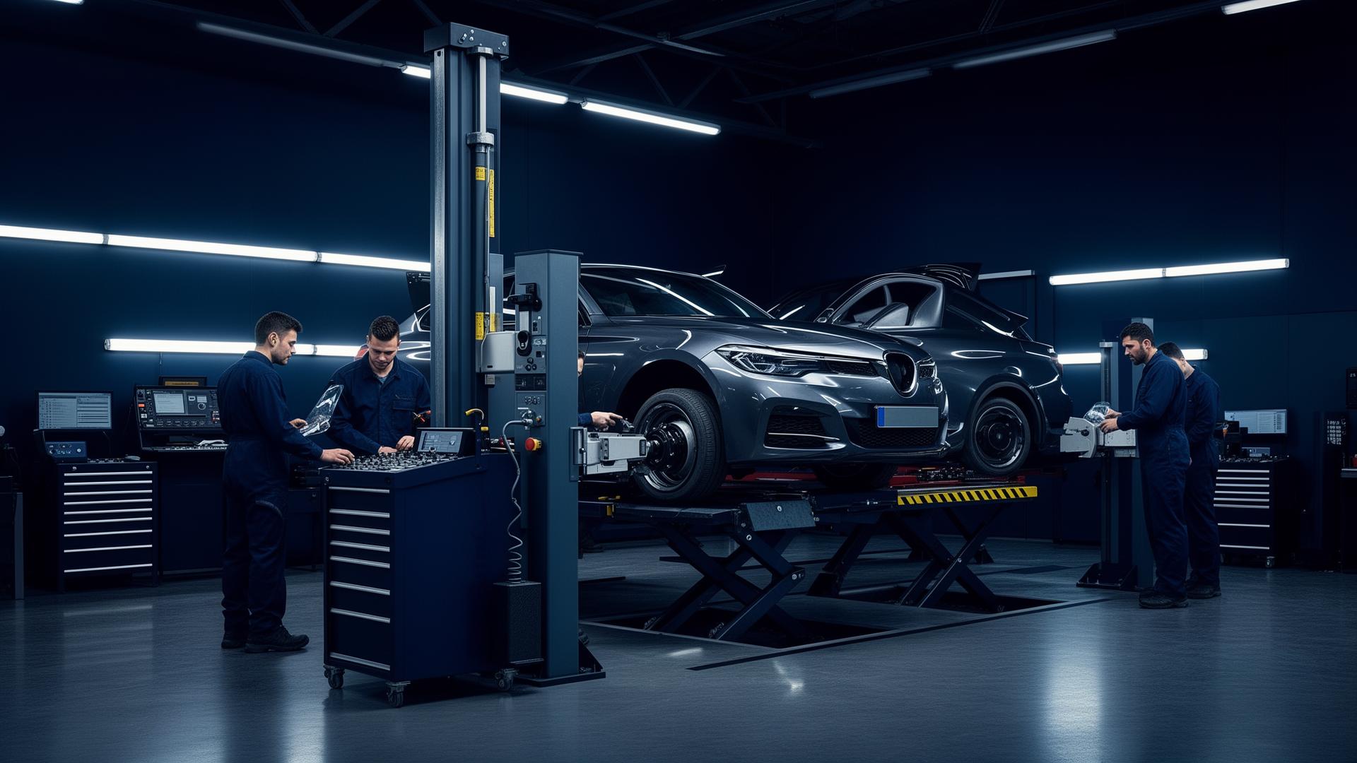 Oficina automotiva moderna com veículo em alinhamento computadorizado